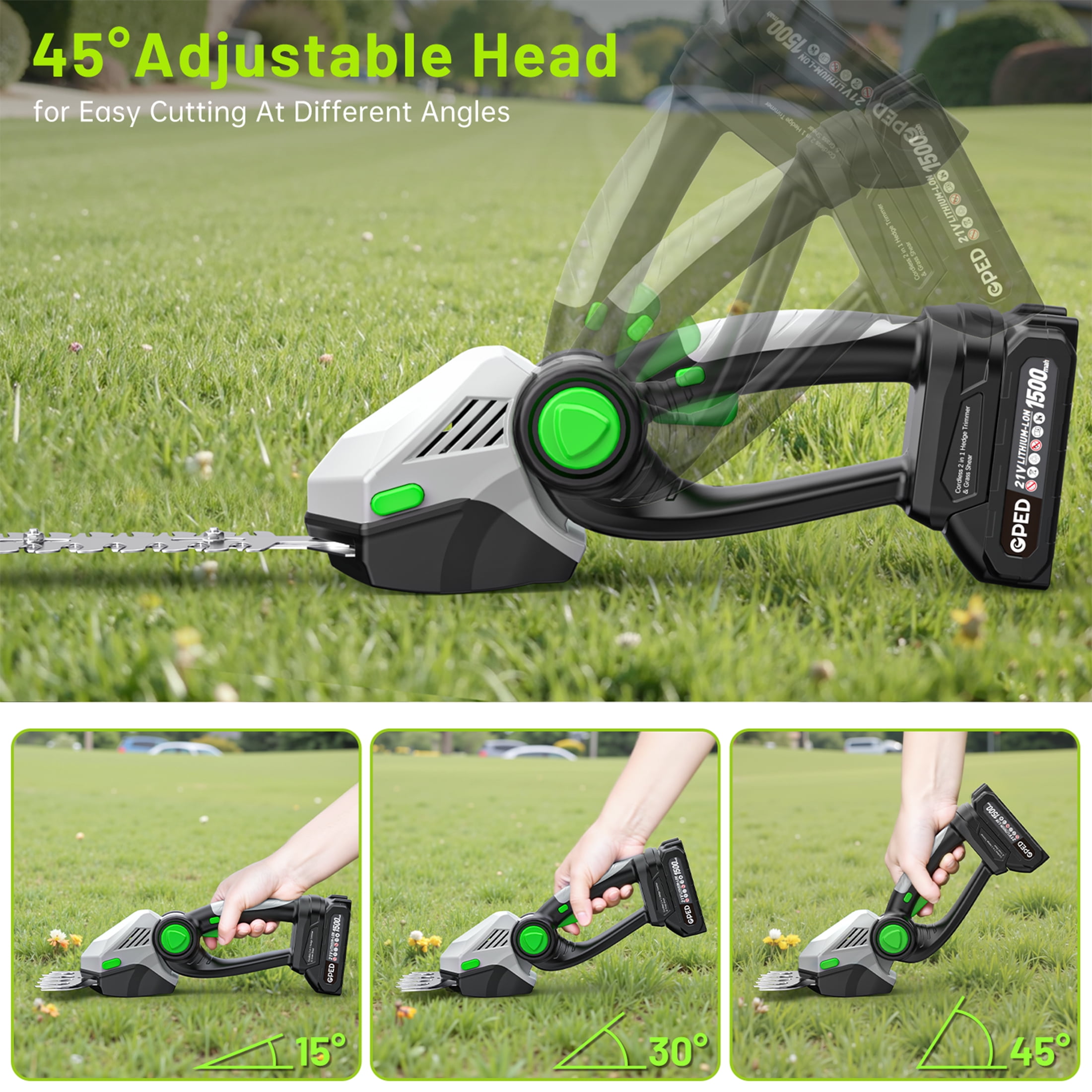 GPED Cordless Hedge Trimmer, 2-in-1 Grass Shears Handheld with 2 Pack Rechargeable Battery, Lightweight Shrubbery Trimmers, Bush Trimmer for Gardens, Yards and lawns, Gray