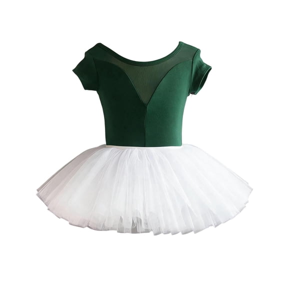 Girls Short Sleeve Skirted Leotard Ballet Tutu Dress with Mesh Back – Kids Dance Wear Army Green 110-180,Size 10-11T