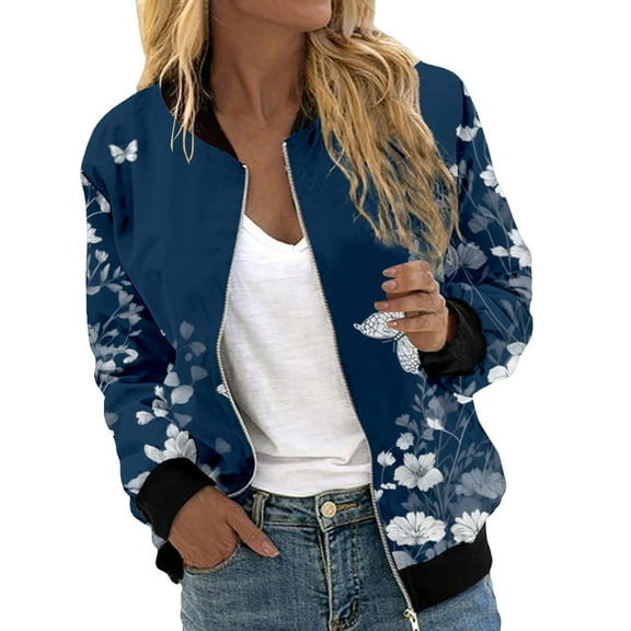Arlun Womens Floral Printed Bomber Jackets Lightweight Zipper up Fashion Stand Collar Coats Casual Loose Fit Long Sleeve Full Zip Fall Jacket Windbreaker Outwear with Pockets Sky Blue4 XL