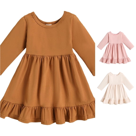 Vividxx Toddler Girl Dress Little Girls Fall Ruffled Hem Dress Solid Color Long Sleeve Crewneck A Line Cute Midi Casual Dress 18-24 Months