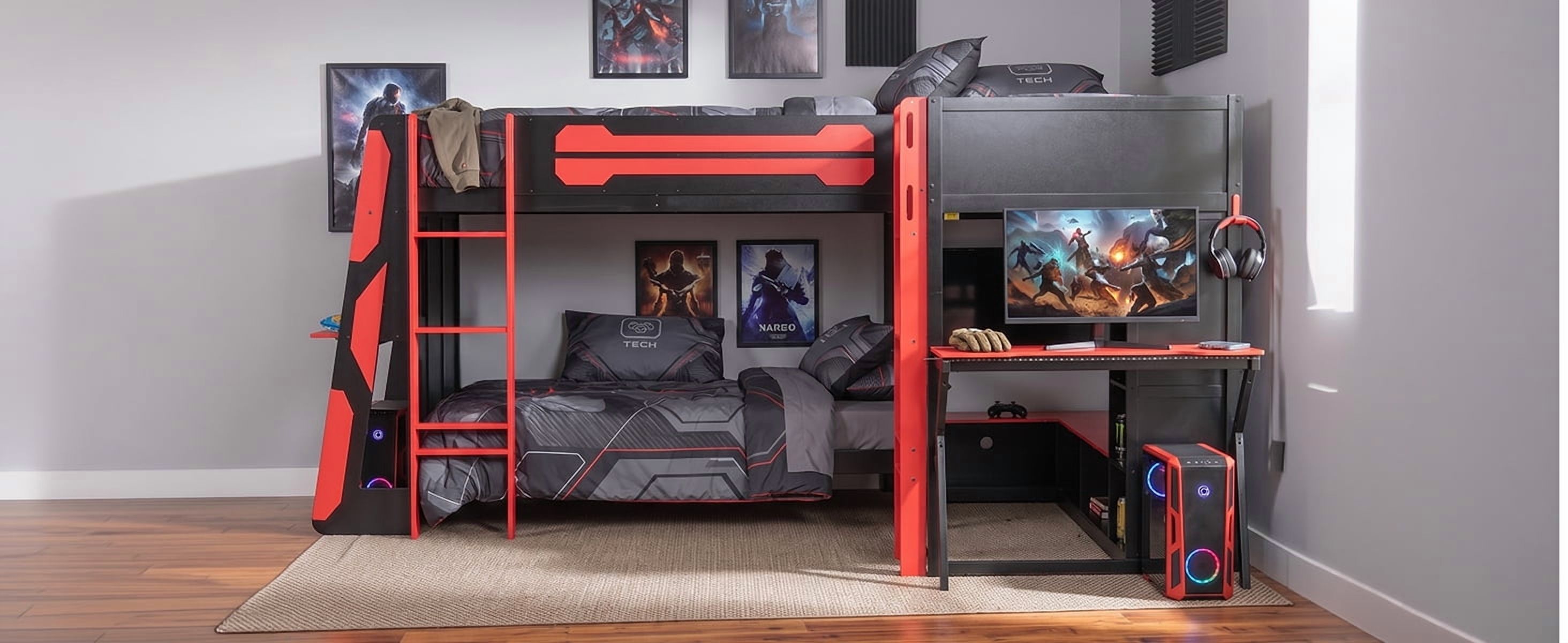 Mintazer L-Shaped Triple Twin Gaming Bunk Bed with 2 Gaming Desks & RGB LED Lights, Triple Bed Frame with USB Charging, TV Stand & Storage Shelves for Bedroom, Black & Purple