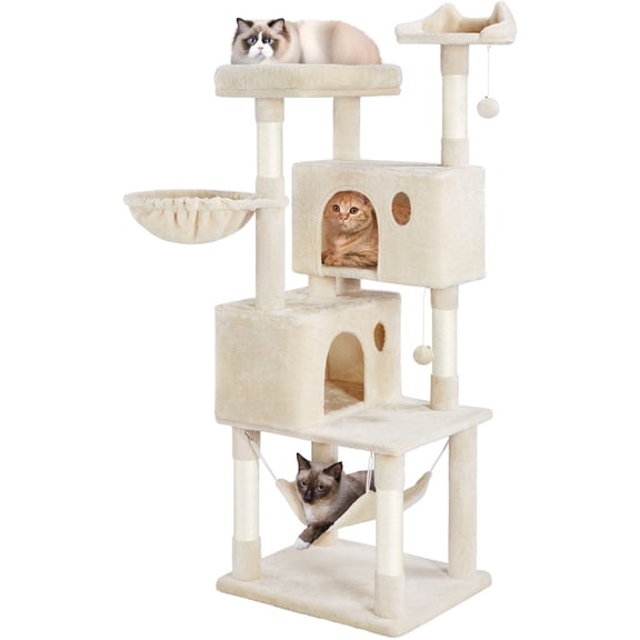 HarmonyStrings 64.5in Extra Large Cat Tree with 2 Perches, 2 Condos, 5 Scratching Posts, Funny Hammock & Basket & Dangling Balls, Multi-Level Cat Tower for Indoor Felines-Beige