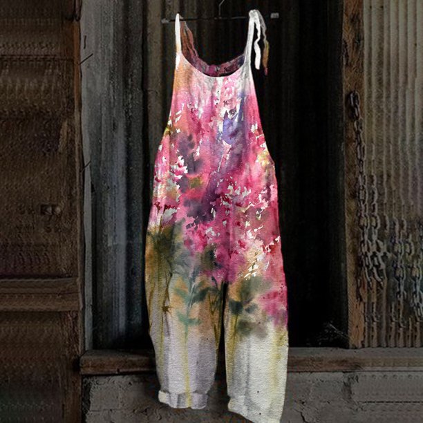 ICHUANYI Clearance Women's Casual Sleeveless Strap Floral Printed Spaghetti High Waist Wide Leg Jumpsuit Rompers(Pink, S) ICHUANYI WER2023081006949