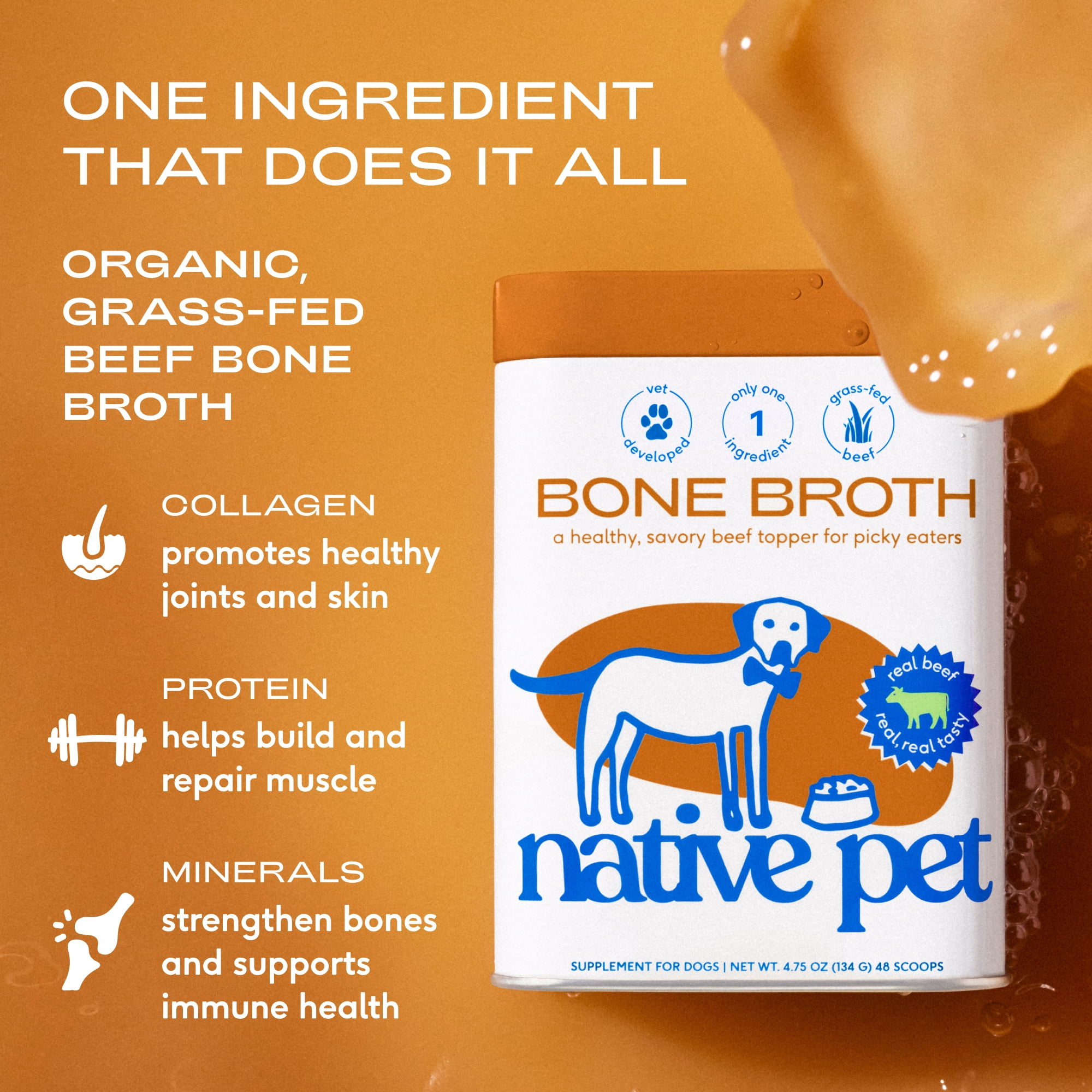 Native Pet Grass Fed Beef Broth, Bone Broth Protein Powder Food Topper for Dogs & Cats, 9.5oz