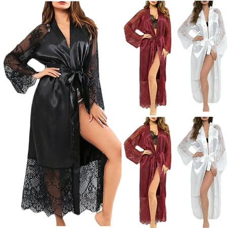 Valentine s Day Clearance Sale!Sexy Lace Lingerie Robe Bath Robes for Women Sexy Satin Robes for Women Long Sleeve Floral Lace Sleeve Long Nightdress Silk Lace Robe Lingerie Nightgown Sleepwear
