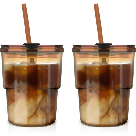 13oz Tumbler Water Glass Cups with Straw and Lid, 2 Pack Reusable Glass Coffee Tumbler for Iced Tea, Coffee, Sealed Carry-On Travel Cups for Office, Party, Camping and Outdoor, Gifts