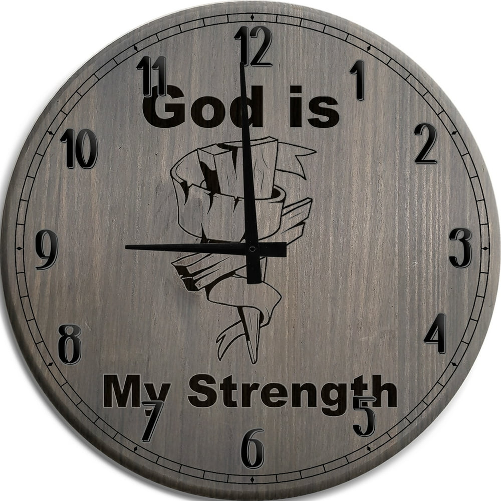Large Wall Clock God is My Strength Wooden Cross Jesus Man Cave Wall