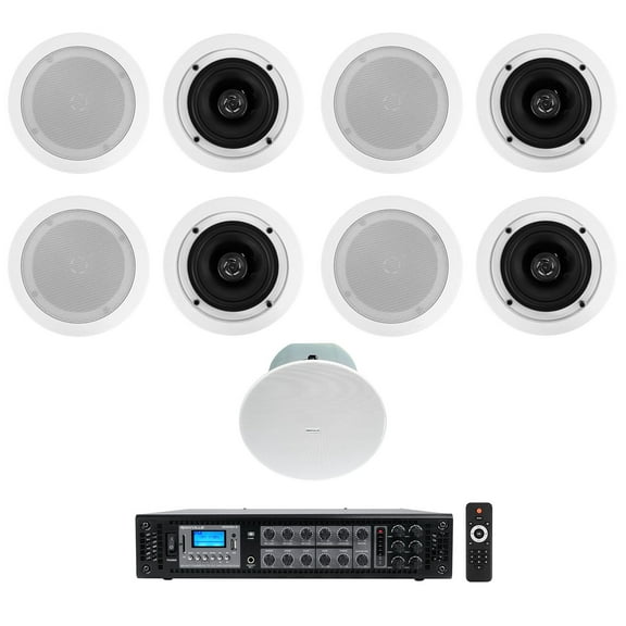 8) Rockville CC525T 5.25" Commercial 70v White Ceiling Speakers 8" Sub Amplifier