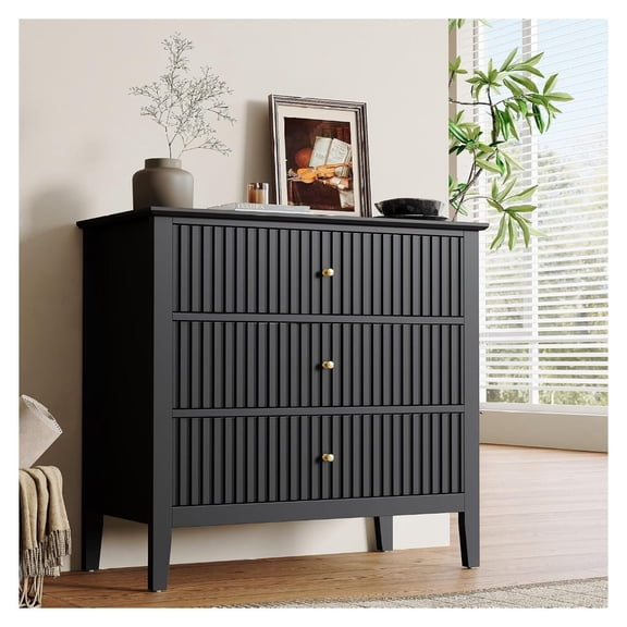 32" Large Nightstand, Fluted Painted Bedside Table with 3 Spacious Drawers, Modern Tall End Table for Bedroom, Black
