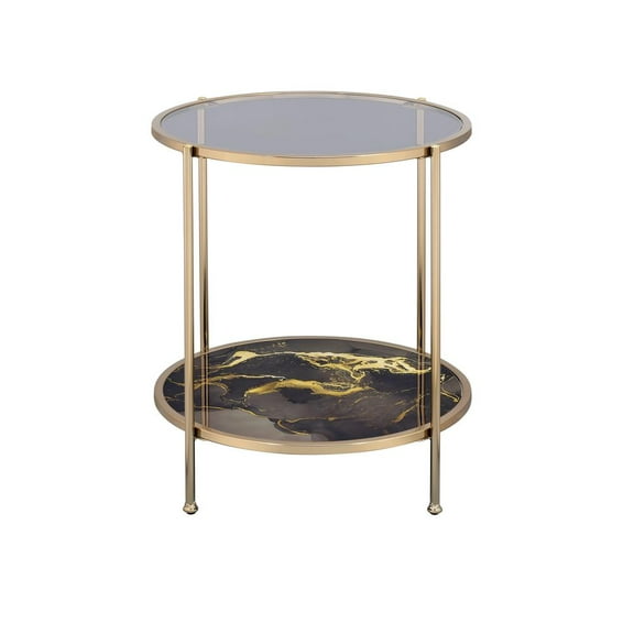ACME Fiorella Metal/Glass/Mable End Table in Black Paint and Gold
