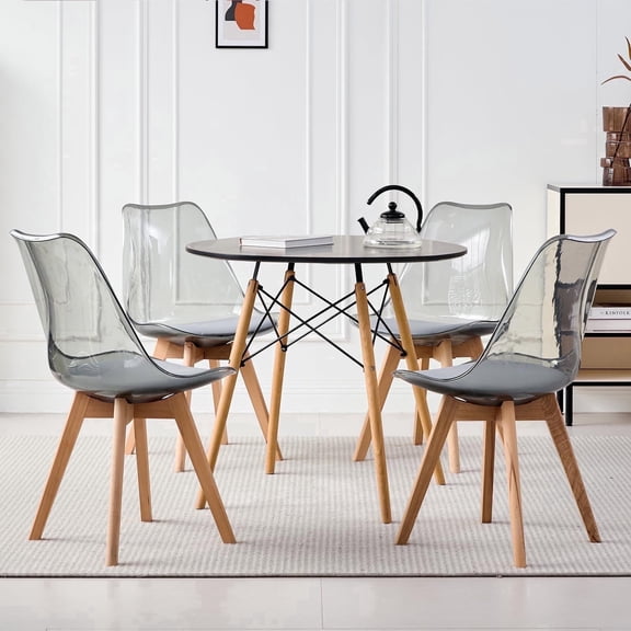 5 Piece Round Dining Table Set for 4, 31.5" Kitchen Table with 4 Clear Gray Acrylic Chairs for Restaurant Bedroom Living Room, Space Saving Black Table Chair Set of 4