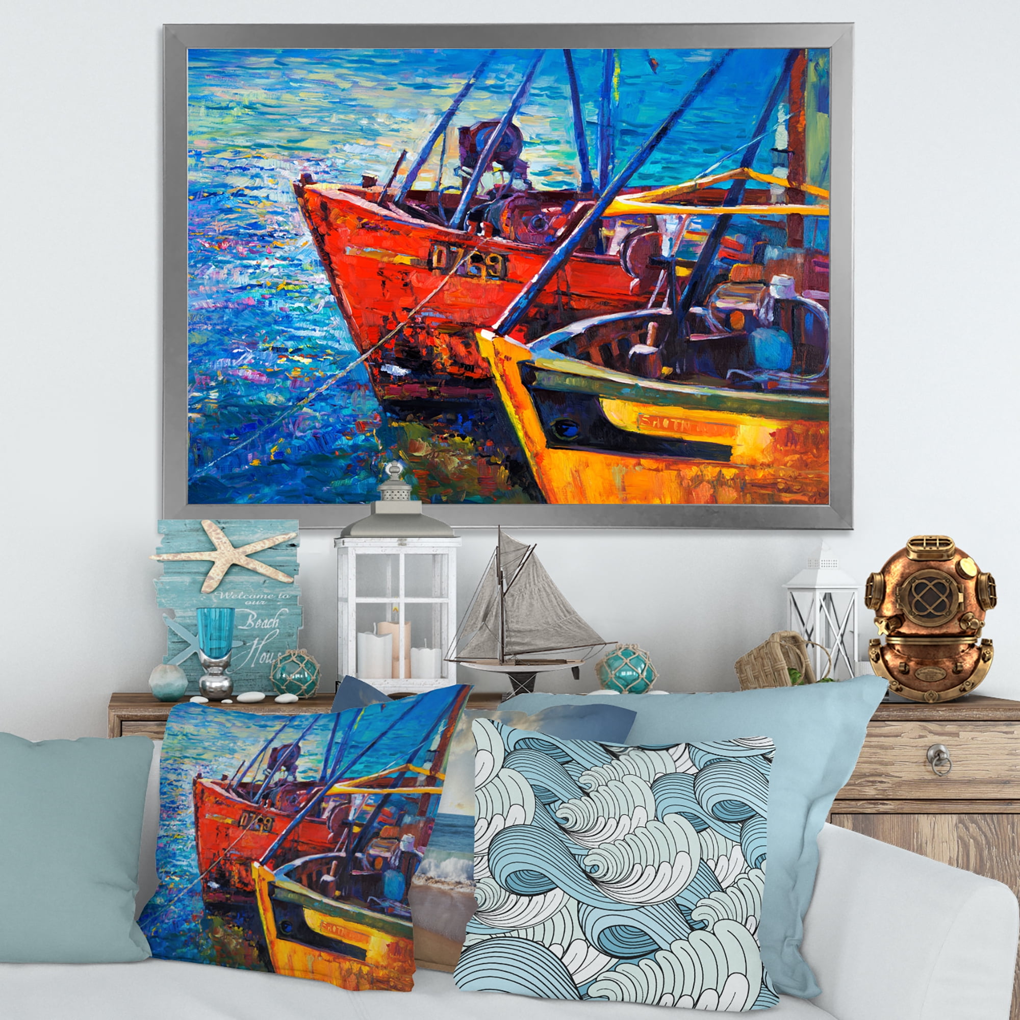 Boats During Warm Sunset Resting On The Water VII 32 in x 16 in Framed Painting Canvas Art Print, by Designart