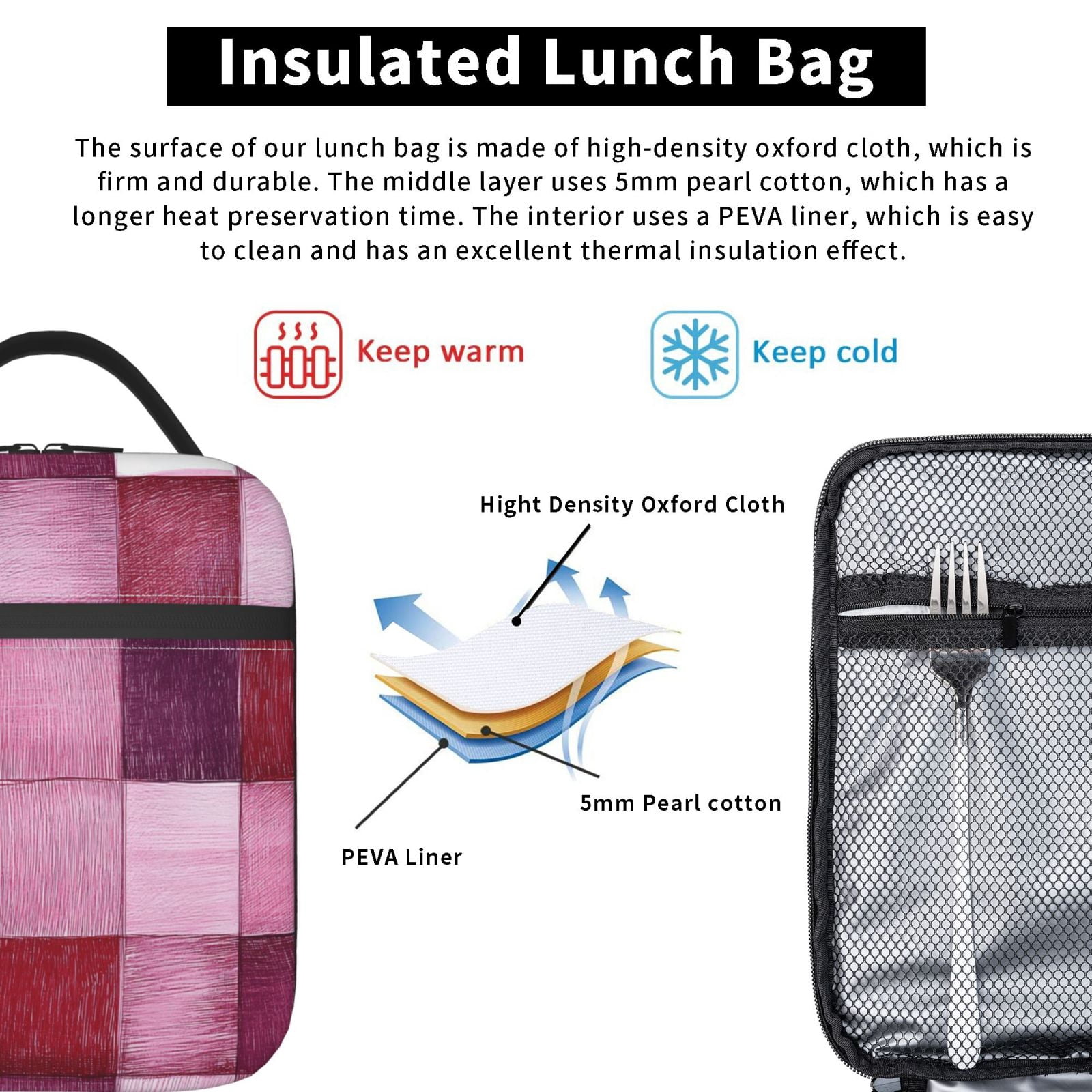 Lunch Bag For Women Men Insulated Portable Lunch Box Bento Box Office Picnic Travel Cooler Bag Palevioletred Checked Hand-Drawn Sketch_2