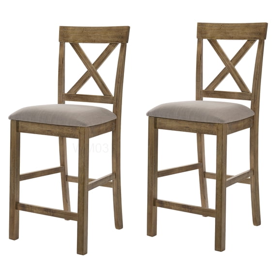 Weathered Oak Bar Stools Set of 2 with Cross Back, Beige Fabric Counter Height Wood Stools for Kitchen