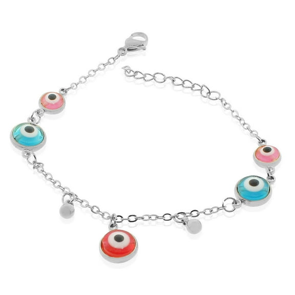EDFORCE Stainless Steel Silver-Tone Multicolor Evil Eye Protection Link Chain Bracelet, 8"