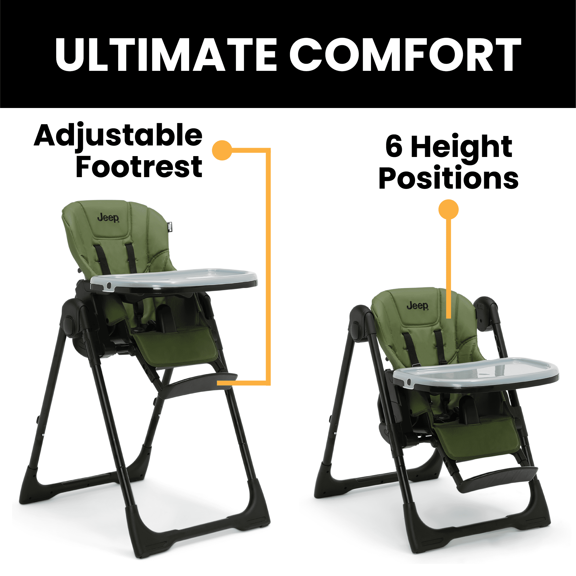 Jeep by Delta Children Classic Convertible 2-in-1 High Chair for Babies and Toddlers with Adjustable Height, Recline & Footrest - Dishwasher Safe Meal Tray, Olive Green