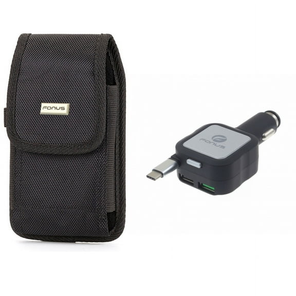 Car Charger & Case Belt Clip for iPhone 15 Pro - Retractable 4.8Amp Type-C 2-Port USB and Rugged Holster Canvas Cover Z1G for iPhone 15 Pro (6.1")