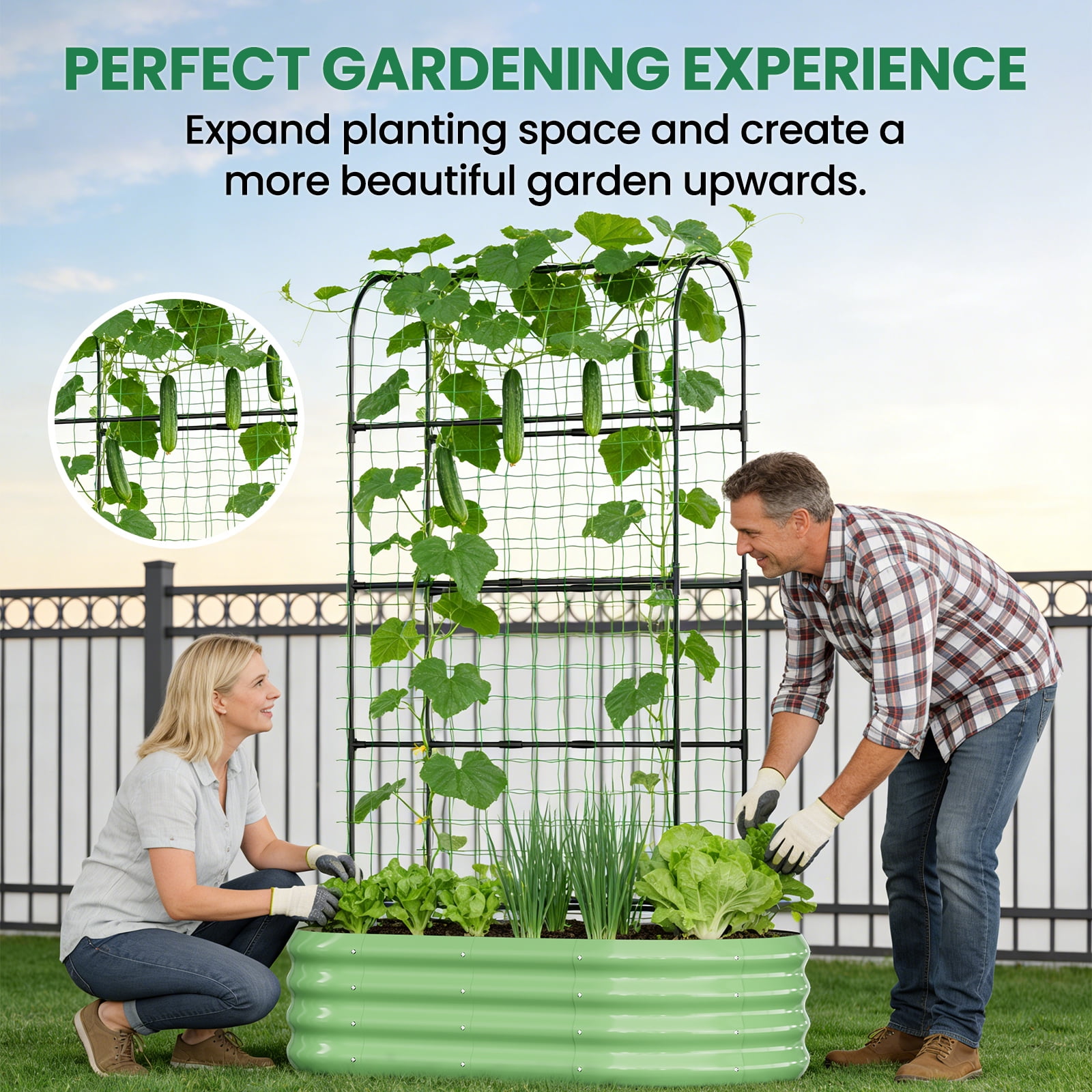MOPHOTO 71inch Raised Garden Bed Arched Trellis Galvanized Planter Backyard Box Outdoor for Gardening,Climbing Vegetables,Plants,Flowers(Green)