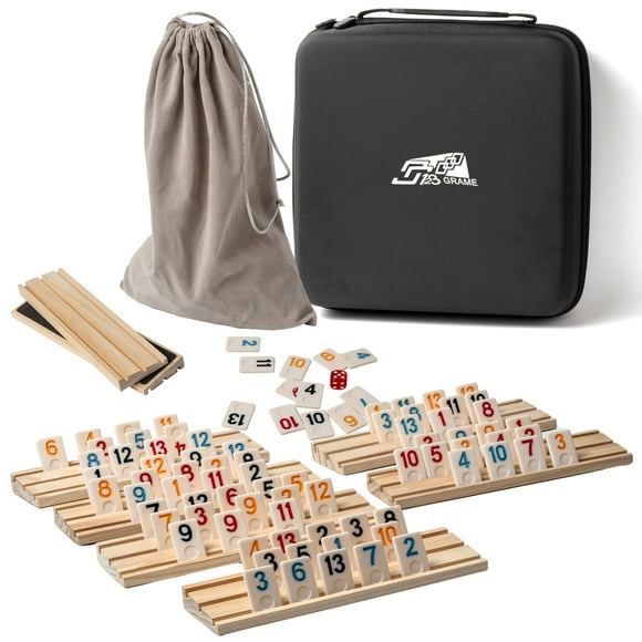 6-8 Players Rummy Cube Game with 8 Wooden Card Stands, 214 Colorful Rummy Cards, Exquisite Portable Box and Velvet Bag, Suitable for Family Gatherings and Travel Game Sets