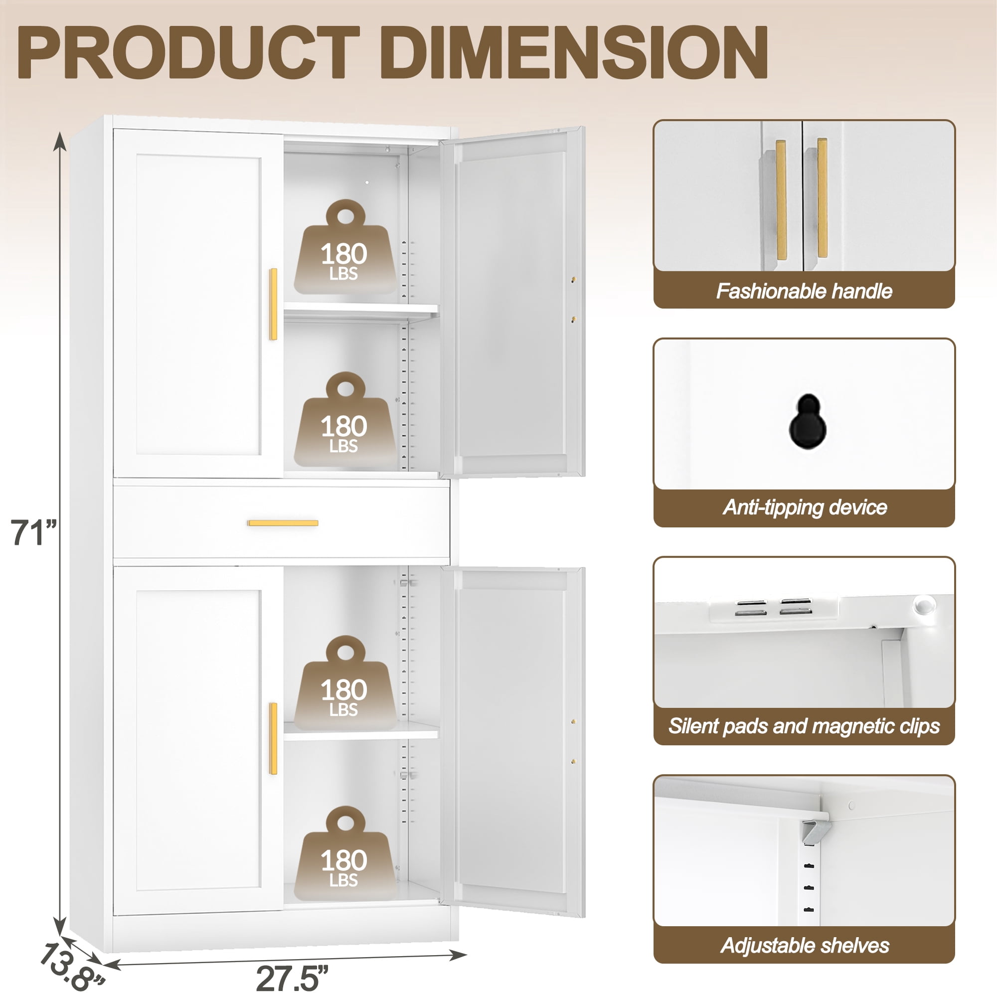 Metal Kitchen Pantry Cabinet, 71"Tall Cabinet with 1 Drawer, Doors and 2 Adjustable Shelves, Pantry Cabinets for Kitchen Storage, Metal Storage Cabinet for Kitchen, Dining Room, Living Room- White