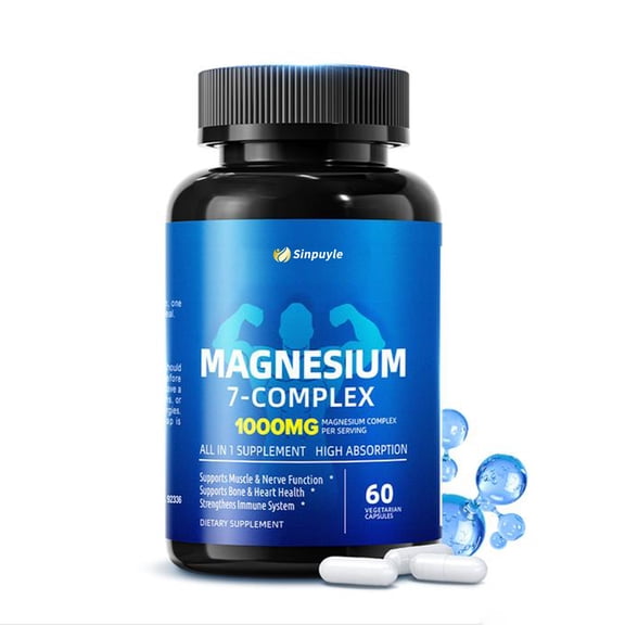 Magnesium 7-Complex 1000mg, High Absorption 7-in-1 Magnesium Supplement, Supports Muscle & Nerve Function, Bone & Heart Health, 60 Vegetarian Capsules
