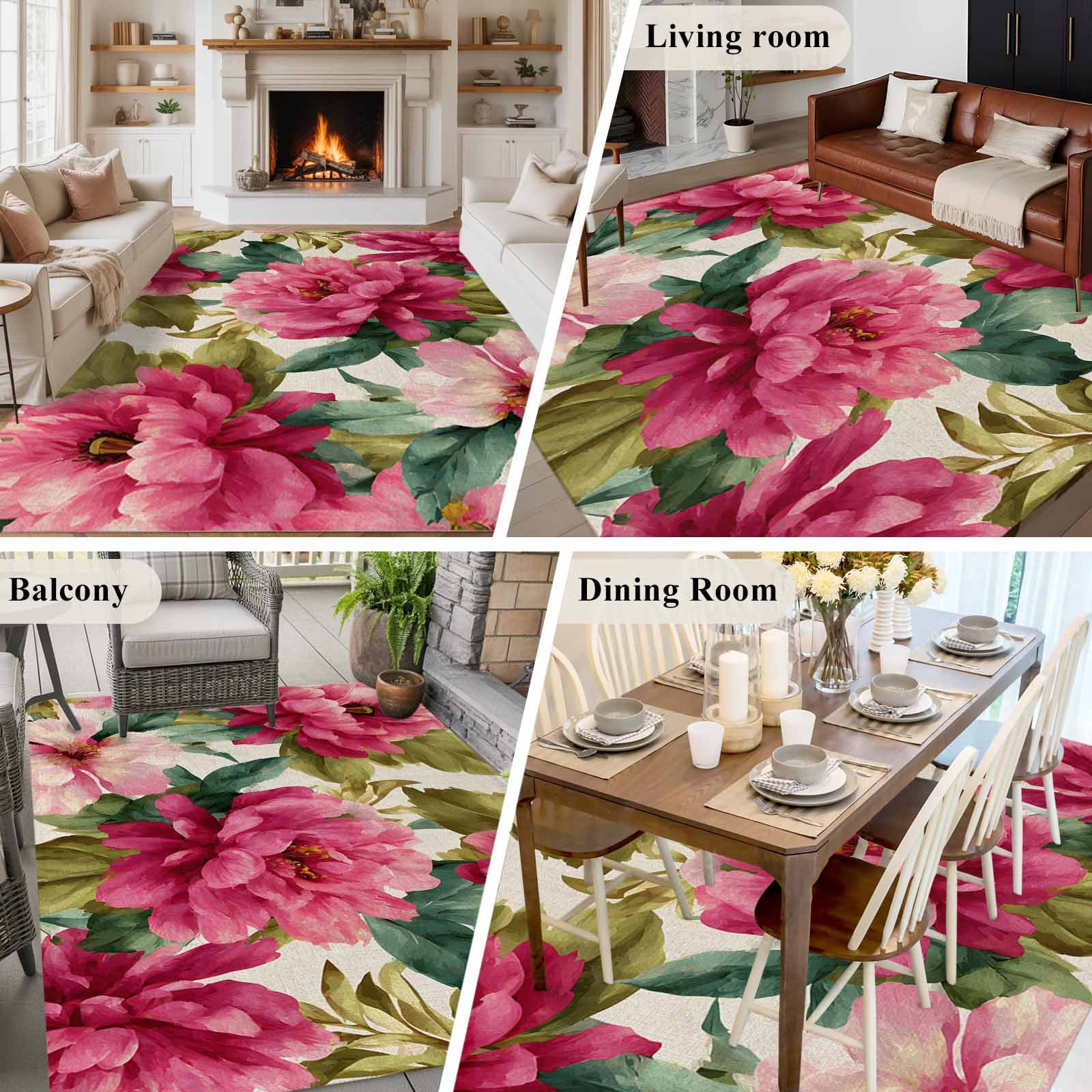 Pink Flowers Area Rugs 5'x7', Small Throw Rugs for Laundry Room Playroom, Spring Watercolor Floral Leaves Plants Beige Indoor Outdoor Rug Non-Slip Low Pile Carpet Runner Reversible Floor Mats