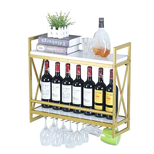 Mbqq Modern Wall Mounted Wine Racks With 6 Stem Glass Holder 23 6in Industrial Metal Hanging Rack 2 Tiers Wood Shelf Floating Shelves Home Room Living Kitchen Decor Display Go Com - Wine Rack Floating Wall Shelf With Glass Holder