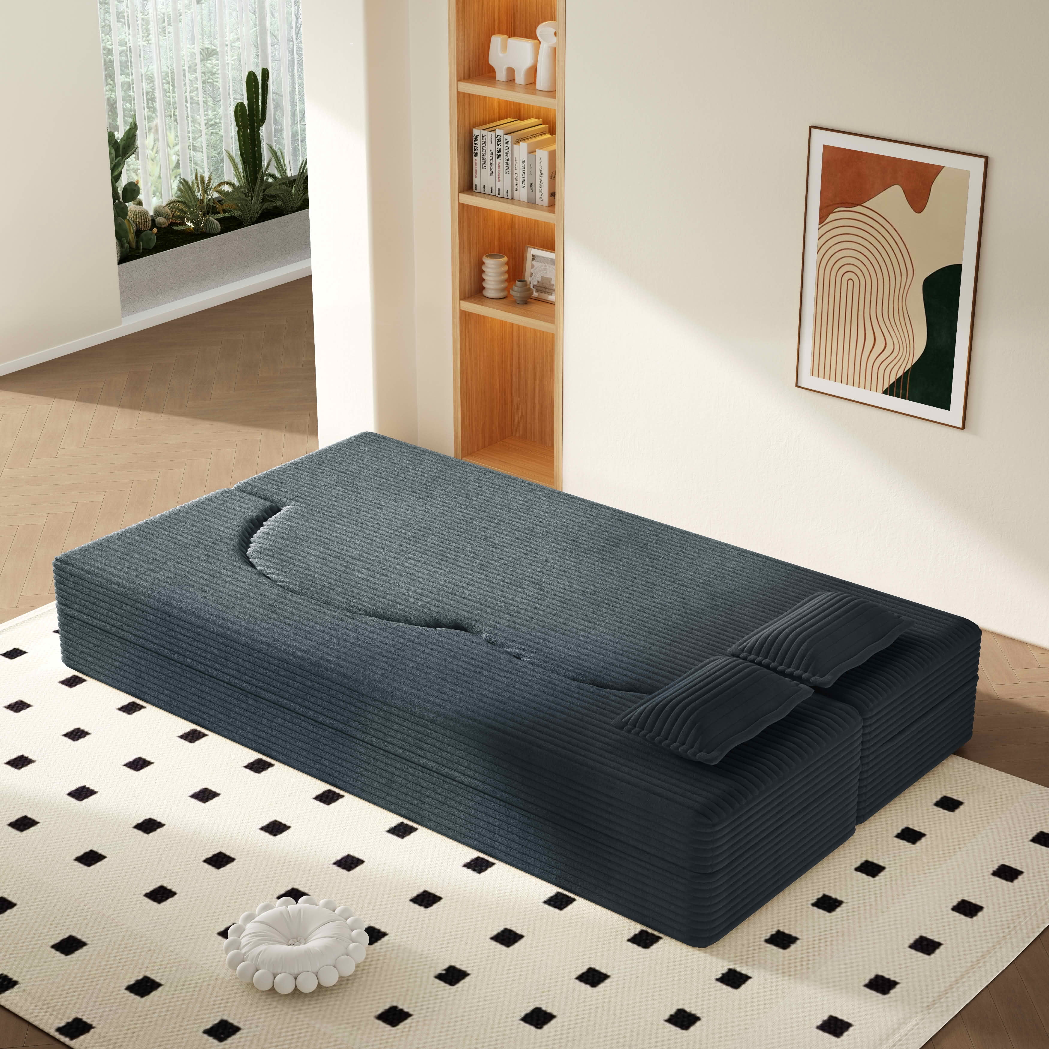 MAYEERTY Twin Corduroy Foldable Foam Floor Sofa Bed, Zero Assembly Vacuum Compressed Sleeper with 2 Pillows
