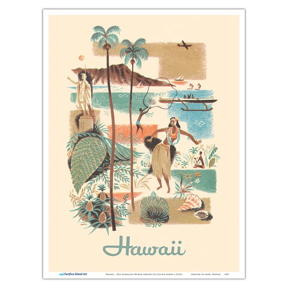 Hawaii - Kamehameha Statue - Hawaiian Hula - Vintage Travel Poster by Lillian Sader c.1960s - Master Art Print (Unframed) 9in x 12in