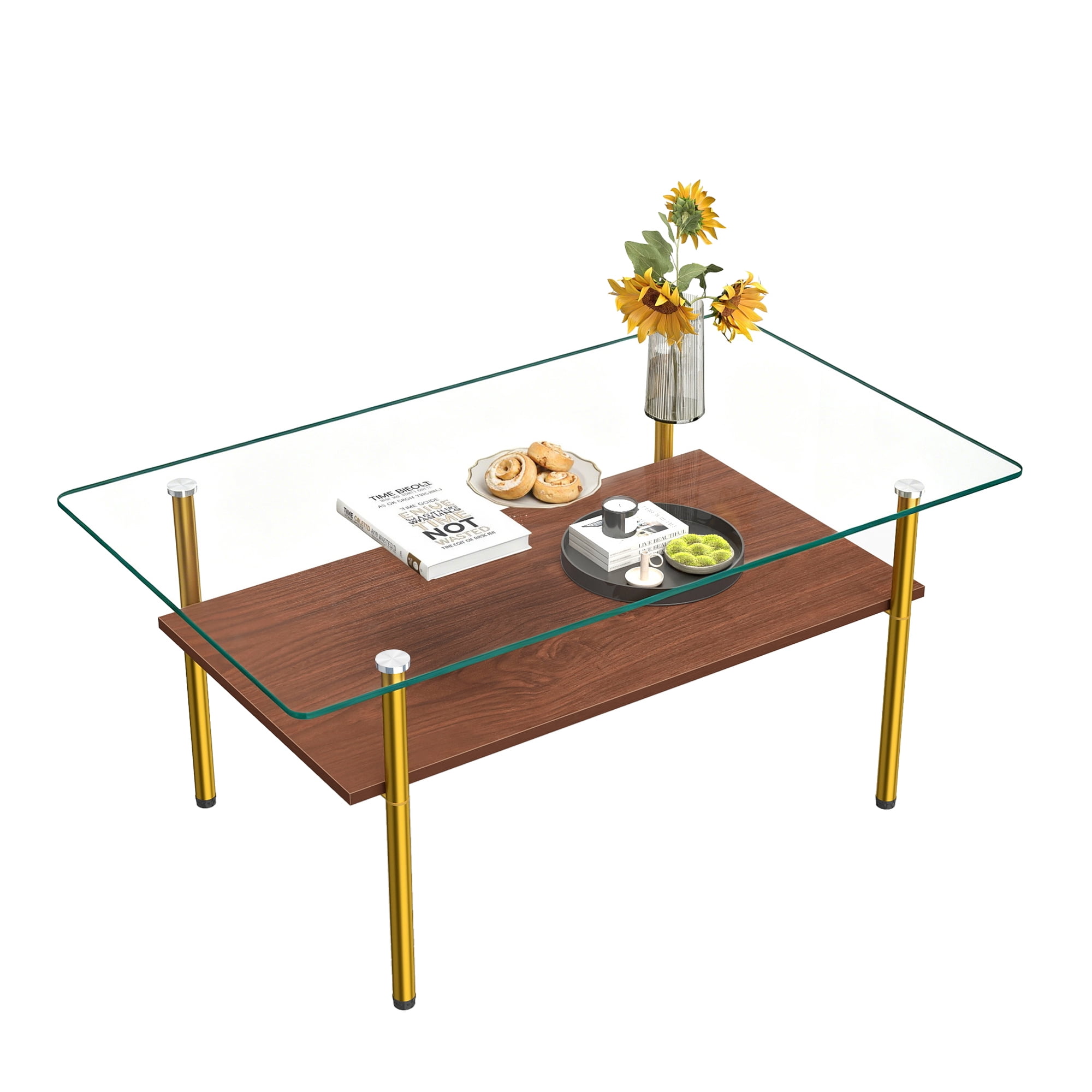 Modern Rectangular Glass Coffee Table with Tempered Glass Top and Wood Shelf, 38.6-Inch Center Table for Living Room, Gold