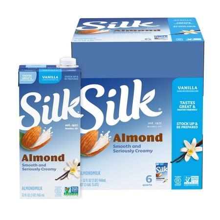 Silk Shelf Stable, Dairy Free, Lactose Free, Gluten Free, Vanilla Almond Milk, 32 fl oz Quart, Pack of 6