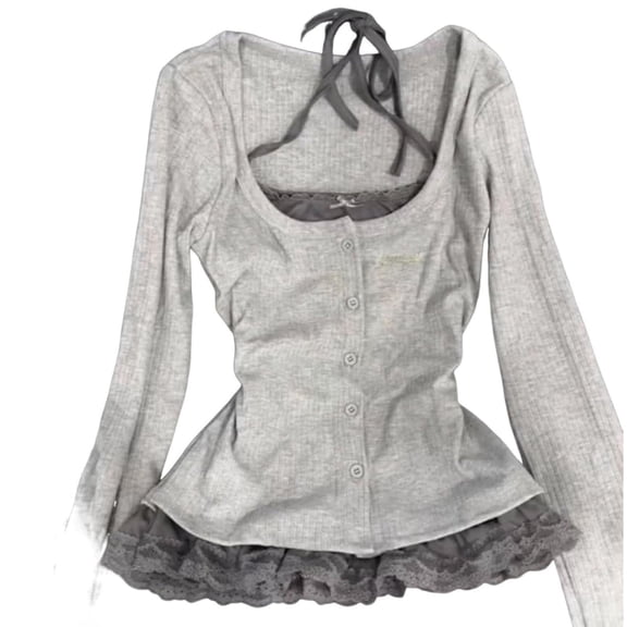 DHFJKG Long Sleeve Shirts For Women 2 In 1 T Shirt Slim Fit Lace Trim Casual Button Up Going Out Clothes Comfortable Tops