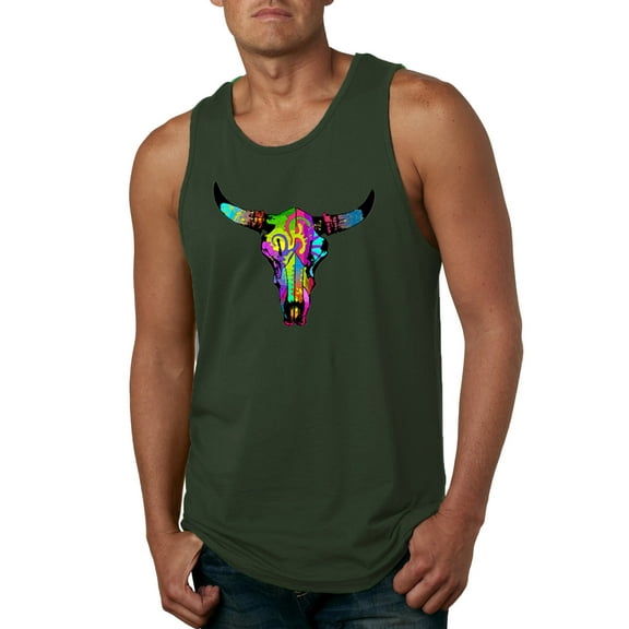 Wild Bobby, Colorful Rainbow Cow Bull Skull Animal Lover Mens Graphic Tank Top, Forest Green, Small
