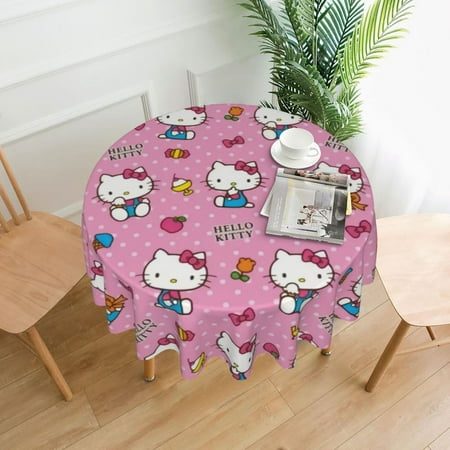 

Hello Kitty Round Table Cloth，Tablecloth Machine Washable Fabric Polyester Table Cover For Dining Buffet Parties Picnic Events Weddings And Restaurants，60 Inch