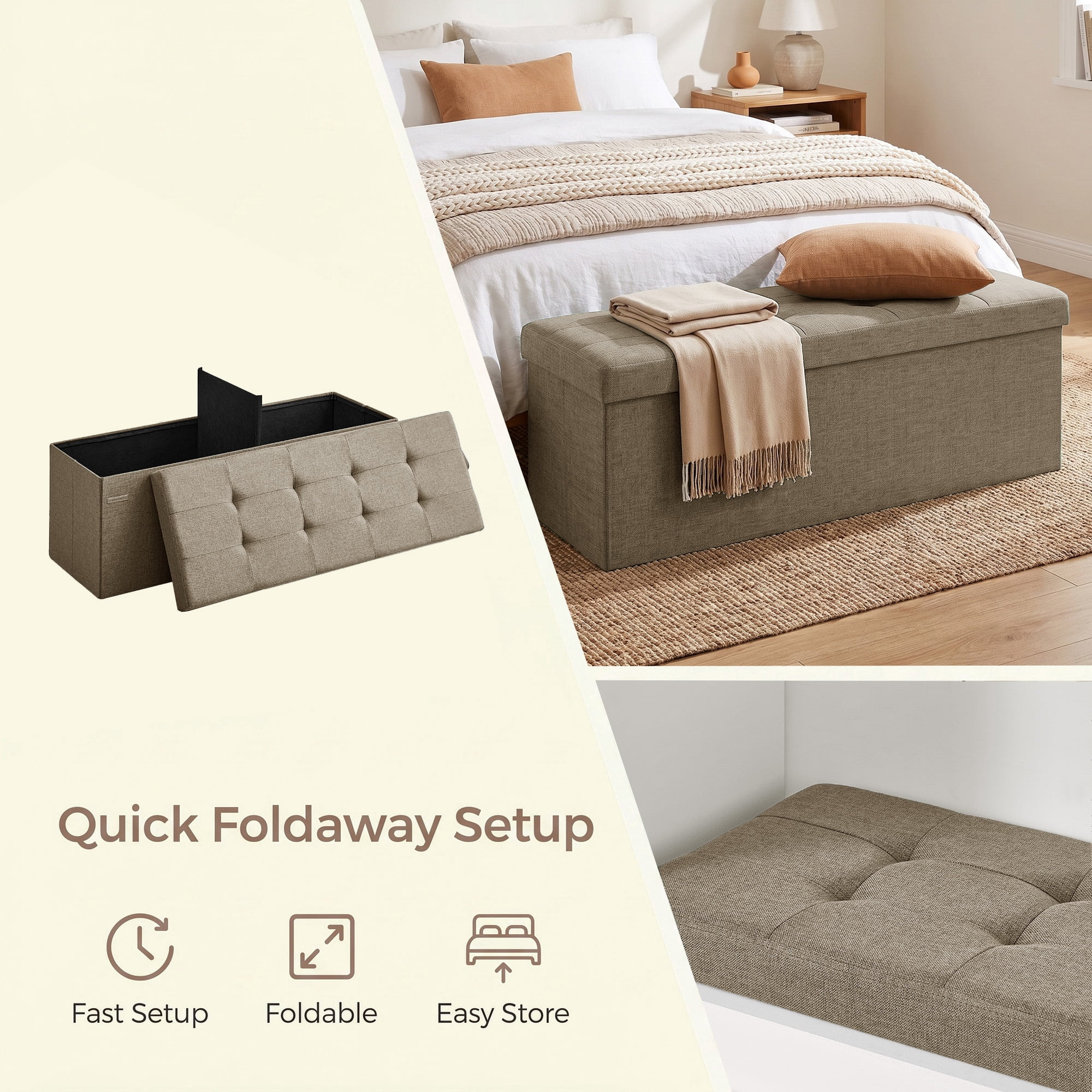 Ledrem Camel Brown Foldable Storage Ottoman Bench with 660lb Capacity