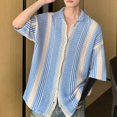 thumbnail image 5 of Xioeram Summer Men Shirt Knitted Color Matching Lapel Elastic Japanese Style Single-breasted Short Sleeves Retro Antu-shrink Casual Vacation Beach Top Knitwear, 5 of 7