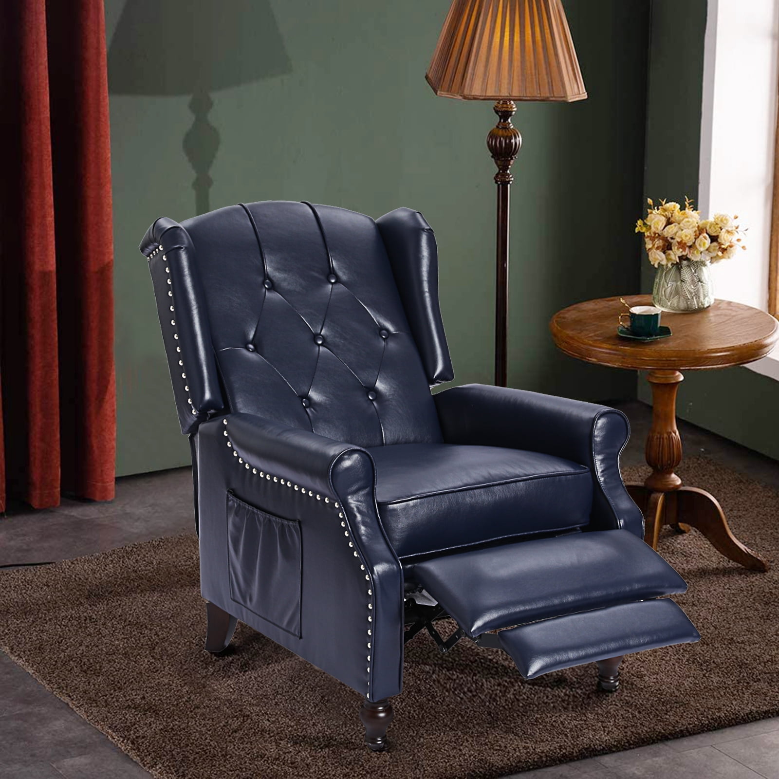Recliner Wingback Chair - PU Leather Arm Heat Push Back Massage Remote Control Heat Backrest Blue Purple