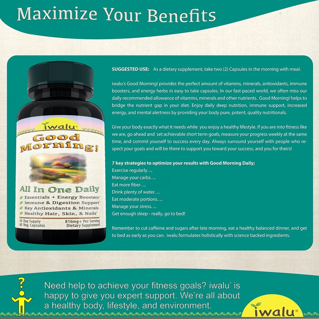 iwalu GoodMorning Women's Daily Multivitamin | All in One Vitamins Minerals Botanicals Complex | A D3 B Complex Magnesium Cinnamon Saw Palmetto - for Active Adults | 60 Capsules | NSF Certified USA