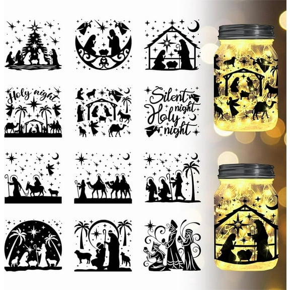 12Pcs Nativity Silhouette Jar Cutouts Plastic Silhouette Wall Cutout (Not Stickers) Lantern Jar Cutouts Window Lamp Glass Decoration Art Mural Home Decor DIY