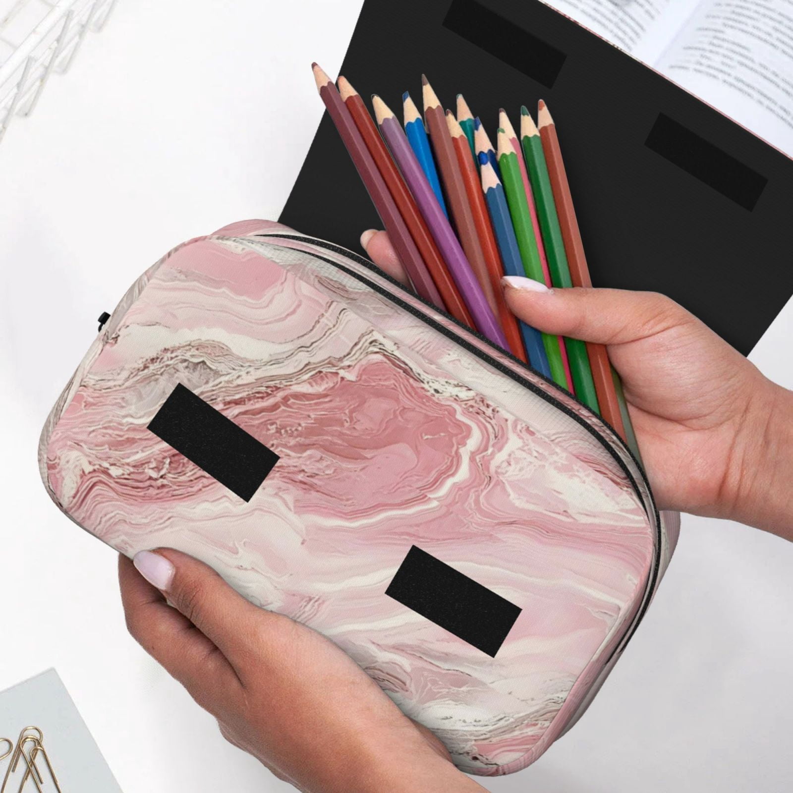 Large-Capacity Flip-Top Double-Layer Pencil Case, Multi-Functional Pocket Pen Case, Durable Stationery Organizer Pink Marble_21256_3