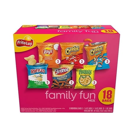 Frito-Lay Snacks Family Fun Mix Chips Variety Pack, Ruffles, Fritos, Cheetos, Lay's, Funyuns,18 Count(Pack of 1)(Assortment May Vary)