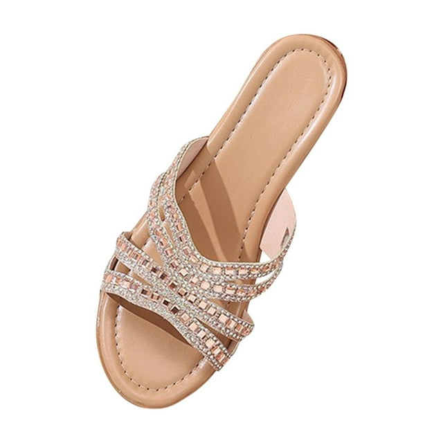 Gold Ladies Wedge Heel Slippers With Rhinestone For Leisure And Beach Outings Comfortable From Pu For Easy Wear