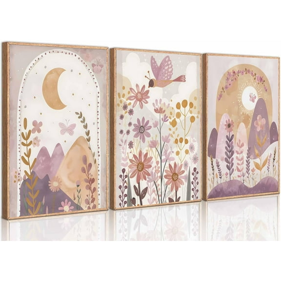 3 Pcs Boho Nursery Girl Canvas Wall Art Abstract Mountains Flowers Sun Moon Rainbow Toddler Painting Picture Wall Decor Poster Print Artwork for Girls Room Baby Girl Room Playroom Home
