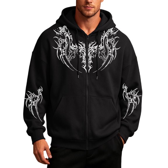 CONROSES Mens Zip Up Hoodies Graphic Y2K Long Sleeve Pullover Hoodie for Men Fall Streetwear Hooded Sweatshirts with Pocket