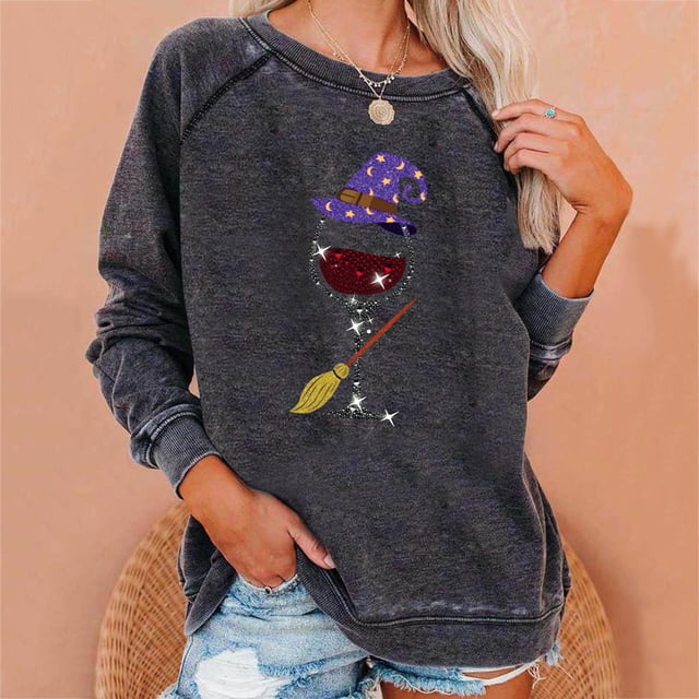2023 Chandail en Molleton de Mode pour Femmes 50 % de Rabais Liquidation Femmes Manches Longues Décontractées Col Rond Hauts Blouse Ample Imprimé Graphique d'Halloween