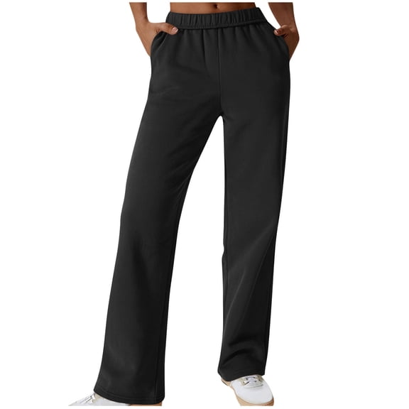 JSheng Plus Size Women's Sweat Pants Women Solid Color Elastic Waist Sports Leisure Pocket Straight Sweatpants Long Pants A-Black XXL