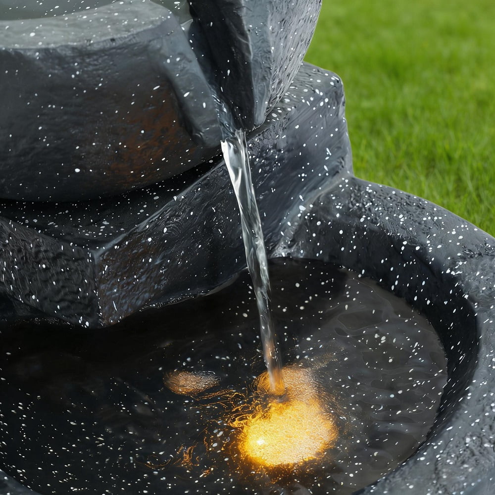 29 inch Terrazzo Style LED Outdoor Indoor Water Fountain with Cascading Bowls & Stacked Stones – 4-Tier Ideal Waterfalls