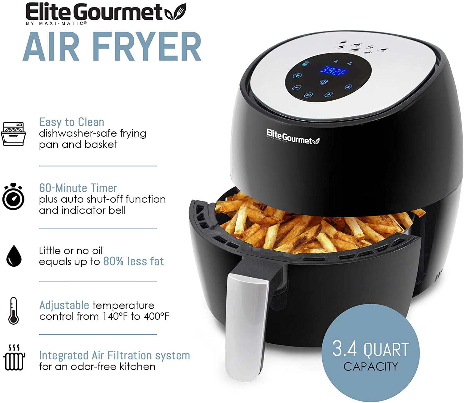Elite Gourmet Elite Platinum 3.2 Quart Digital Air Fryer Stainless Steel  Basket - Macy's
