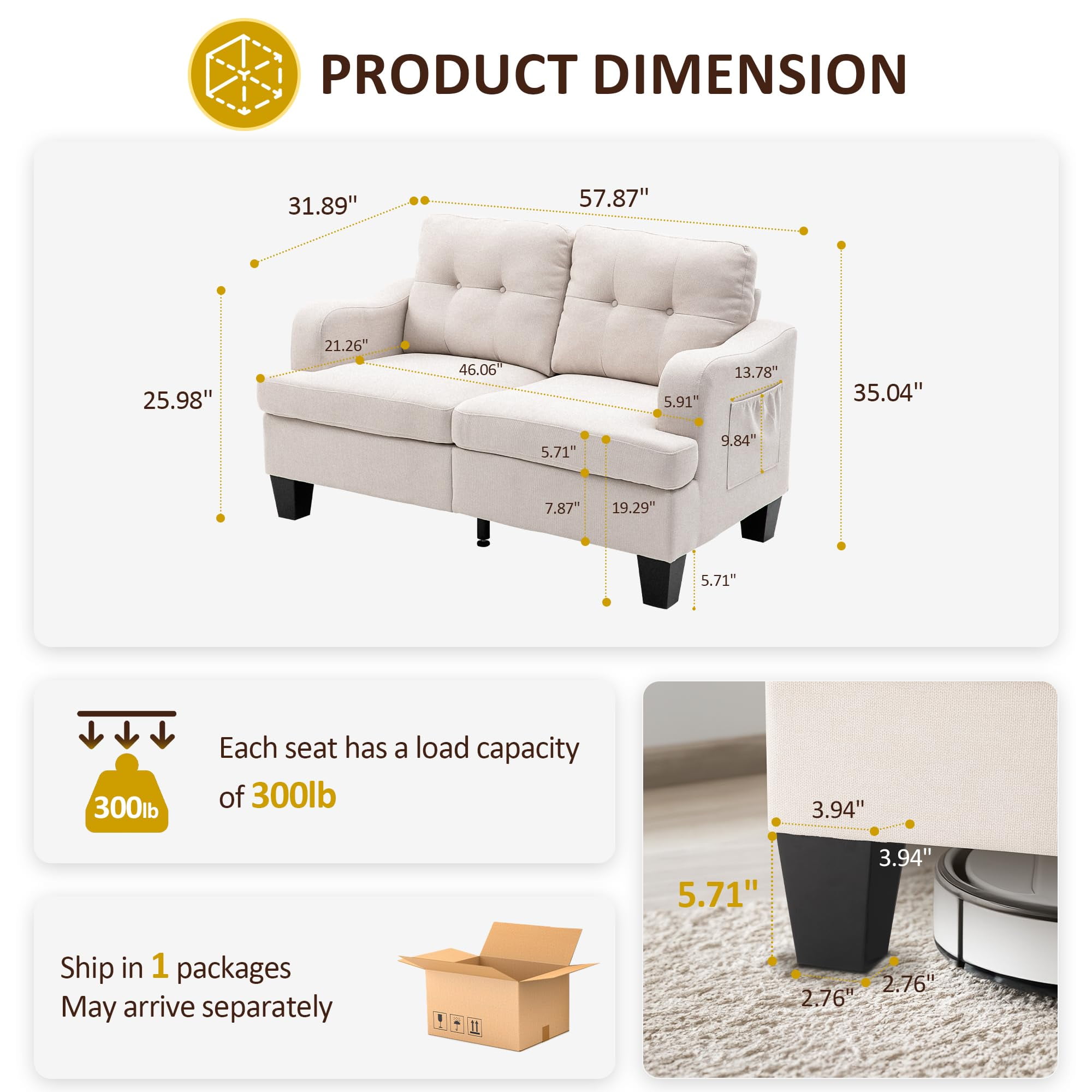 RoyalCraft Modular Sectional Sofa, Memory Foam, Button Tufted Designed, 2 Seats Sofa Couch for Living Room, Beige Velvet