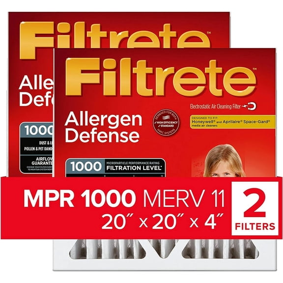 Filtrete 20x20x4, AC Furnace Air Filter, MPR 1000 DP, Micro Allergen Defense Deep Pleat, 2-Pack actual dimensions 19.88 x 19.88 x 4.31
